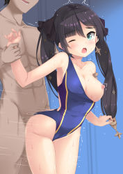 Rule 34 | 1boy, 1girl, absurdres, alternate costume, aqua eyes, black hair, clothed female nude male, clothing aside, competition swimsuit, cowboy shot, earrings, genshin impact, hair ornament, hetero, highres, holding own arm, jewelry, long hair, mona (genshin impact), motion lines, muscular, nekomushi, nipples, nude, one-piece swimsuit, one breast out, one eye closed, open mouth, sex, sex from behind, star (symbol), star earrings, swimsuit, swimsuit aside, trembling, twintails, wince