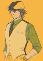 Rule 34 | 10s, 1boy, cabbie hat, eizan (yoidesyou), facial hair, goatee, hand in pocket, hat, kaburagi t. kotetsu, looking at viewer, male focus, orange background, smile, solo, tiger &amp; bunny, vest