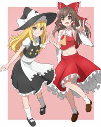 Rule 34 | 2girls, anime coloring, apron, arice-spead-21, armpits, bare shoulders, black legwear, blonde hair, bow, braid, brown eyes, brown hair, detached sleeves, grin, hair bow, hair tubes, hakurei reimu, hat, hat bow, highres, holding hands, kirisame marisa, long hair, long sleeves, looking at viewer, midriff, multiple girls, navel, open mouth, pink background, puffy sleeves, shirt, short sleeves, single braid, skirt, skirt set, smile, touhou, v, waist apron, white background, witch hat