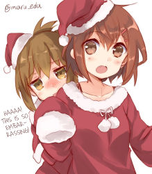 Rule 34 | 10s, 2girls, :o, blush, brown eyes, brown hair, fang, hair ornament, hairclip, hard-translated, hat, hiding, highres, ikazuchi (kancolle), inazuma (kancolle), kantai collection, looking at viewer, maruki (punchiki), multiple girls, open mouth, santa costume, santa hat, short hair, simple background, third-party edit, translated, twitter username, upper body, wavy mouth, white background