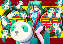 Rule 34 | 1girl, aqua eyes, aqua hair, chinese clothes, detached sleeves, hatsune miku, long hair, looking at viewer, museum2088, panda, sitting, solo, twintails, vocaloid