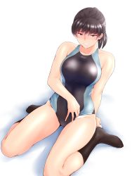 Rule 34 | 1girl, amagami, black eyes, black hair, black socks, breasts, commentary request, competition swimsuit, highres, kneehighs, large breasts, looking at viewer, one-piece swimsuit, ponytail, sasaki akira (ugc), short hair, simple background, sitting, socks, solo, swimsuit, tsukahara hibiki, two-tone swimsuit, wariza, white background
