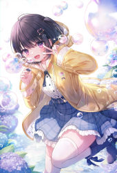 Rule 34 | after rain, black hair, blue ribbon, blue skirt, boots, bubble, buttons, coat, flower, foot up, frilled skirt, frills, hair ornament, hand up, heart, heart hair ornament, highres, hood, hood down, hooded coat, hydrangea, kagachi saku, light blush, long sleeves, medium hair, open clothes, open coat, open mouth, original, outdoors, pleated skirt, puddle, purple eyes, raincoat, ribbon, rubber boots, shirt, side ponytail, simple background, skirt, soap bubbles, thighhighs, thighs, v, water, wet, wet clothes, white shirt, white thighhighs, yellow coat