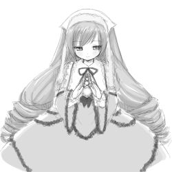 Rule 34 | 00s, 1girl, chaudlapin, drill hair, flat chest, frills, greyscale, hat, heterochromia, lolita fashion, long hair, long sleeves, monochrome, ribbon, rozen maiden, solo, suiseiseki, twin drills, twintails, very long hair