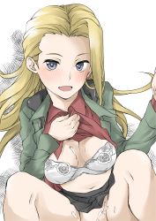 Rule 34 | 1girl, black skirt, blonde hair, blue eyes, blush, bra, breasts, clara (girls und panzer), elf (stroll in the woods), floral print, forehead, girls und panzer, green jacket, groin, highres, implied sex, jacket, lace, lace-trimmed bra, lace trim, long hair, looking at viewer, medium breasts, navel, no panties, out-of-frame censoring, pravda military uniform, red shirt, shirt, skirt, smile, solo, suggestive fluid, thighs, underwear, white bra