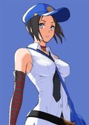 Rule 34 | 1girl, bad id, bad nicoseiga id, bag, bare shoulders, between breasts, black hair, blue background, blue eyes, breasts, cabbie hat, choker, elbow gloves, gloves, hat, marie (persona 4), nanahime, necktie, necktie between breasts, parted lips, persona, persona 4, persona 4 the golden, short hair, shoulder bag, sleeveless, solo, strap between breasts, striped clothes, striped gloves, upper body