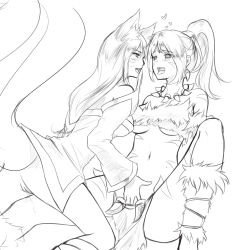 Rule 34 | 2girls, ahri (league of legends), animal ears, bare shoulders, blush, breasts, dark-skinned female, dark skin, dress, earrings, facial mark, fingering, fox ears, fox tail, heart, heart-shaped pupils, highres, jewelry, league of legends, lineart, loincloth, long hair, midriff, monochrome, multiple girls, navel, necklace, nidalee, no panties, open mouth, ponytail, pussy, pussy juice, ricegnat, saliva, saliva trail, spread legs, strapless, strapless dress, symbol-shaped pupils, tail, tongue, tongue out, tooth necklace, uncensored, underboob, whisker markings, yuri