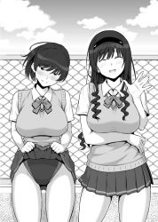 Rule 34 | 2girls, :d, amagami, blush, bow, bowtie, breasts, chain-link fence, closed mouth, clothes lift, cloud, competition swimsuit, day, facing viewer, fence, greyscale, hand up, large breasts, lifting own clothes, long hair, looking at viewer, miniskirt, monochrome, morishima haruka, multiple girls, one-piece swimsuit, open mouth, outdoors, pleated skirt, rooftop, sanagi torajirou, school uniform, shirt, short sleeves, skirt, skirt lift, sky, smile, standing, sweater vest, swimsuit, swimsuit under clothes, tsukahara hibiki, waving