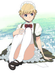 Rule 34 | 1girl, blonde hair, blue eyes, bow, bowtie, convenient censoring, dress, field, frills, hand on own knee, headdress, highres, ino (magloid), mary janes, otome function, petticoat, shoes, short hair, short sleeves, sitting, solo, tatiana vasilievna stalina, thighhighs, white thighhighs