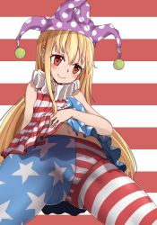 Rule 34 | 1girl, american flag dress, american flag legwear, american flag shirt, bad id, bad pixiv id, blonde hair, clothes lift, clownpiece, collar, crotch, dress, dress lift, frilled collar, frilled shirt collar, frills, from below, hat, heart, heart-shaped pupils, highres, jester cap, long hair, navel, neck ruff, pantyhose, red eyes, shirt lift, sleeveless, smile, solo, star (symbol), striped background, striped clothes, striped dress, striped pantyhose, symbol-shaped pupils, touhou, very long hair, zhayoulu