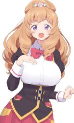 Rule 34 | 1girl, blonde hair, bow, character request, collared shirt, copyright request, curly hair, flower, hair flower, hair ornament, highres, long hair, long sleeves, mukuba, open mouth, puffy sleeves, purple eyes, ringlets, shirt, solo, standing, white background, white shirt