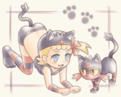 Rule 34 | 1girl, all fours, alternate color, animal costume, animal hat, ass, asymmetrical hair, blonde hair, blue eyes, blush, bonnie (pokemon), bow, cat hat, child, colored sclera, cosplay, creatures (company), feet, game freak, gen 7 pokemon, hair bow, hair ribbon, hat, litten, litten (cosplay), litten (pokemon) (cosplay), midriff, nintendo, open mouth, paw print, pokemon, porocha, ribbon, shiny clothes, shiny skin, short hair, striped clothes, striped legwear, striped thighhighs, tail, thighhighs, wristband, yellow sclera