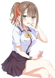 Rule 34 | 1girl, blunt bangs, blush, bow, brand name imitation, breasts, brown hair, brown skirt, cellphone, center-flap bangs, commentary, crossed legs, curvy, earrings, eyelashes, eyes visible through hair, frown, green eyes, gyaru, hand up, highres, holding, holding phone, jewelry, kogal, looking at viewer, lower teeth only, medium breasts, medium hair, miniskirt, multicolored hair, nail polish, open mouth, orange hair, phone, pleated skirt, pnsk4125, ponytail, purple nails, ring, school uniform, shiraishi chika, shirt, short sleeves, shy, simple background, sitting, skirt, smartphone, solo, stud earrings, teeth, tenshi souzou re-boot!, tsurime, two-tone hair, wavy hair, white background, white shirt, yellow bow