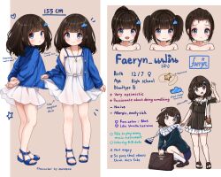 Rule 34 | 1girl, :&lt;, bangs pinned back, black hair, blue eyes, blue footwear, blue jacket, blush, character sheet, closed mouth, cloud hair ornament, commentary, comodomodo, dot nose, dress, english commentary, english text, faeryn (comodomodo), highres, jacket, jewelry, long sleeves, medium hair, multiple views, original, parted lips, pendant, ponytail, sandals, short dress, single bare shoulder, smile, star (symbol), thai text, twintails, white dress