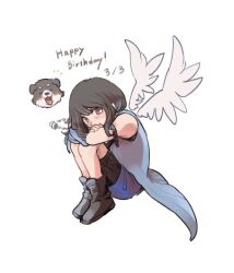 Rule 34 | 1girl, angel wings, angelo (ff8), arm ribbon, arms on knees, black footwear, black hair, black ribbon, blue shirt, blue shorts, boots, brown eyes, commentary request, crossed arms, dated, dog, feathered wings, feathers, final fantasy, final fantasy viii, happy birthday, head on knees, highres, jewelry, light smile, long hair, necklace, ribbon, rinoa heartilly, shirt, shorts, sitting, smile, solo focus, tasituma2, white feathers, wings