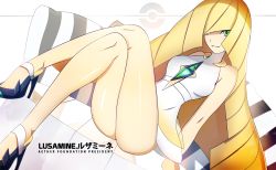Rule 34 | 1girl, alternate color, arm at side, bare legs, bare shoulders, black footwear, blonde hair, breasts, character name, closed mouth, creatures (company), crossed legs, dress, game freak, head tilt, high heels, highres, long hair, looking at viewer, lusamine (pokemon), mature female, nintendo, no legwear, no socks, parted lips, pillow, pokemon, pokemon sm, see-through, shiny skin, shoes, sitting, sleeveless, sleeveless dress, small breasts, smile, solo, teeth, text focus, very long hair, vivivoovoo, white dress