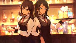 Rule 34 | 2girls, absurdres, bang dream!, bang dream! it&#039;s mygo!!!!!, bartender, black hair, black vest, blush, bottle, closed mouth, commentary, commission, cup, dated, drinking glass, earclip, earrings, english commentary, highres, holding, holding cup, jewelry, long hair, long sleeves, looking at viewer, medium hair, mole, mole under eye, multiple girls, purple eyes, rnna, shiina taki, shirt, signature, textless version, twitter username, vest, white eyes, white shirt, yahata umiri