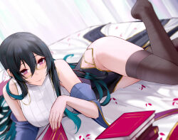 Rule 34 | 1girl, black hair, black skirt, blue hair, blue sleeves, blush, book, book stack, breasts, bright pupils, brown thighhighs, cliov, closed mouth, commentary request, detached sleeves, dutch angle, eyewear strap, fingernails, foot out of frame, glasses, gradient hair, hair between eyes, highres, holding, holding book, large breasts, leaning forward, long bangs, long hair, looking at viewer, lying, mahjong soul, mole, mole under mouth, multicolored hair, on bed, on side, onodera nanaha, pelvic curtain, petals, pink eyes, pink nails, shirt, sidelocks, skirt, sleeveless, sleeveless shirt, smile, solo, sweater, thighhighs, white pupils, white sweater, yellow-framed eyewear