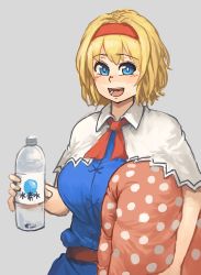 Rule 34 | 1girl, :d, alice margatroid, belt, blonde hair, blue dress, blue eyes, blush, bottle, breasts, bright pupils, capelet, chanta (ayatakaoisii), commentary request, dress, grey background, hairband, highres, holding, large breasts, looking at viewer, open mouth, pillow, polka dot, short hair, short sleeves, simple background, smile, solo, touhou, water bottle