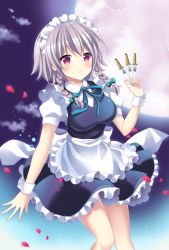 Rule 34 | 1girl, apron, bad id, bad pixiv id, between fingers, blush, bow, braid, breasts, commentary request, cowboy shot, frilled apron, frills, green bow, hair bow, holding, holding knife, izayoi sakuya, knife, knives between fingers, maid, maid apron, maid headdress, mayo (miyusa), medium breasts, moon, neck ribbon, night, night sky, petticoat, puffy short sleeves, puffy sleeves, purple eyes, ribbon, short sleeves, silver hair, sky, smile, solo, thighs, touhou, twin braids, wrist cuffs