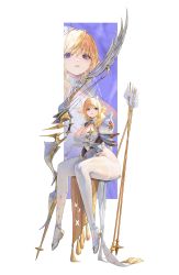 Rule 34 | 1girl, absurdres, armor, arrow (projectile), between legs, blonde hair, bow (weapon), breasts, cleavage, commentary, elf, from side, hair ornament, hand between legs, highres, kou (kokounene), large breasts, long hair, looking at viewer, multiple views, open mouth, original, pantyhose, pointy ears, purple eyes, shoes, shoulder armor, sidelocks, simple background, sitting, smile, solo, star (symbol), star hair ornament, thick thighs, thighs, weapon, white background, white footwear, white pantyhose