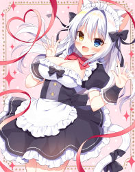 Rule 34 | 1girl, :d, aina rive, animal ear fluff, animal ears, antenna hair, apron, black bow, black dress, blue eyes, blush, bow, breasts, brown eyes, cat ears, cat girl, cat tail, cleavage, commentary request, dress, floating hair, frilled apron, frills, hair intakes, hands up, heart, heart of string, heterochromia, long hair, looking at viewer, maid, maid apron, mauve, medium breasts, open mouth, original, pink background, polka dot, polka dot background, puffy short sleeves, puffy sleeves, red bow, red ribbon, ribbon, short sleeves, silver hair, smile, solo, sparkle, standing, tail, tail bow, tail ornament, very long hair, waist apron, white apron, wrist cuffs