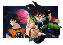 Rule 34 | age difference, armor, bardock, black eyes, black hair, dragon ball, dragonball z, family, father and son, headband, male focus, planet, scar, son goku, tail