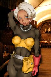 Rule 34 | 1girl, aqua eyes, arm up, belt, blue eyes, blurry, blurry background, blush, bodysuit, bodysuit under clothes, breasts, breasts apart, bustier, cameltoe, cowboy shot, dark skin, dark-skinned female, dragon quest, dragon quest iii, earrings, female focus, gloves, grey hair, groin, half-closed eyes, highres, indoors, jewelry, latex, latex suit, legs, legs together, looking at viewer, medium breasts, mole, mole under mouth, necklace, parted lips, pearl necklace, pouch, puffy areolae, red gloves, sakuradou, short hair, smile, solo, standing, stud earrings, thick lips, thief (dq3), thighs, white hair