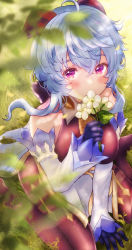 Rule 34 | 1girl, absurdres, ahoge, bare shoulders, bell, blue gloves, blue hair, blush, bow, breasts, covering own mouth, detached sleeves, flower, ganyu (genshin impact), genshin impact, gloves, grass, highres, holding, holding flower, horns, long hair, looking at viewer, medium breasts, neck bell, purple eyes, qingxin flower, sidelocks, sitting, solo, wariza, white flower, white sleeves, yu lei