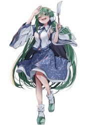 Rule 34 | 1girl, ;d, bare shoulders, blue skirt, detached sleeves, frog hair ornament, full body, gohei, green eyes, green footwear, green hair, hair between eyes, hair ornament, hair tubes, highres, holding, japanese clothes, kochiya sanae, long hair, nontraditional miko, one eye closed, open mouth, shoes, simple background, skirt, smile, snake hair ornament, socks, solo, touhou, tsune (tune), white background, white sleeves, white socks, wide sleeves