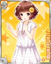 Rule 34 | 1girl, beads, bird, brown eyes, brown hair, card, character name, dress, duck, fukita ibuki, girlfriend (kari), hair ornament, hairclip, jewelry, looking at viewer, necklace, official art, open mouth, pointing, qp:flapper, short hair, short sleeves, smile, socks, white dress, yellow background