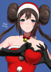 Rule 34 | 1girl, absurdres, alternate costume, bell, black gloves, blue eyes, blush, bow, breasts, brown hair, christmas, closed mouth, collarbone, commentary request, creatures (company), double bun, floating hair, fur-trimmed gloves, fur trim, game freak, gloves, hair bun, hat, heart, heart-shaped boob challenge, heart hands, highres, long hair, looking at viewer, medium breasts, merry christmas, nintendo, nishikino kee, pokemon, pokemon bw2, red bow, red hat, rosa (pokemon), santa hat, sidelocks, smile, solo, twintails, upper body