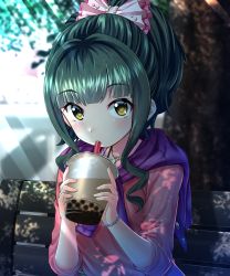 Rule 34 | 1girl, bead bracelet, beads, bench, bow, bracelet, bubble tea, clothes around neck, clothes lift, commentary request, curly hair, drinking straw, fujii tomo, green hair, hair bow, highres, idolmaster, idolmaster cinderella girls, jewelry, kakutasu (akihiron cactus), light rays, looking at viewer, necklace, pink shirt, ponytail, shade, shirt, solo, yellow eyes