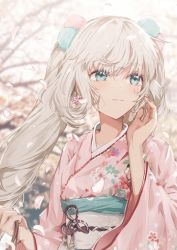 Rule 34 | 1girl, alternate costume, blue eyes, blurry, blurry background, character request, cherry blossoms, closed mouth, commentary request, dangmill, earrings, fate (series), floral print, flower earrings, hair ornament, hand up, holding, japanese clothes, jewelry, kimono, long hair, looking to the side, nail polish, obi, petals, pink kimono, print kimono, red nails, sash, solo, tree, upper body, very long hair, white hair, wide sleeves, wind