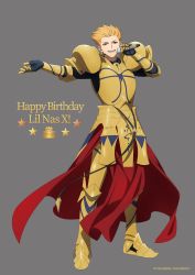 Rule 34 | 1boy, absurdres, armor, armored boots, artist request, blonde hair, boots, commentary request, copyright notice, fate/extella, fate/extra, fate (series), full body, gilgamesh (fate), gold armor, grey background, happy birthday, highres, male focus, microphone, official art, open mouth, red eyes, shoulder armor, smile, solo