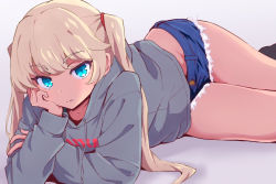 Rule 34 | blonde hair, blue eyes, blue shorts, closed mouth, commentary, dark-skinned female, dark skin, grey hoodie, haaam, hair tie, hand on own cheek, hand on own face, hood, hoodie, long hair, looking at viewer, lying, on side, original, short shorts, shorts, simple background, thighs, twintails, white background