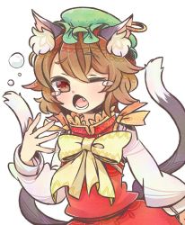 Rule 34 | 1girl, animal ears, bow, brown hair, cat ears, cat tail, chen, earrings, green hat, hat, ibaraki natou, jewelry, mob cap, multiple tails, nekomata, one eye closed, short hair, simple background, single earring, solo, tail, tears, touhou, two tails, white background, yawning