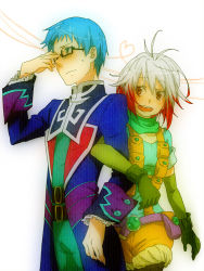 Rule 34 | 1boy, 1girl, adjusting eyewear, arm hug, bad id, bad pixiv id, blue eyes, blue hair, blue shirt, brown eyes, glasses, heart, heart of string, hubert ozwell, multicolored hair, pascal (tales), red hair, shirt, tales of (series), tales of graces, tsukimushi, two-tone hair, white background, white hair