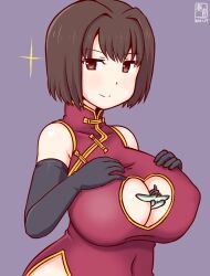 Rule 34 | 1girl, artist logo, between breasts, black gloves, blush, breasts, brown eyes, brown hair, china dress, chinese clothes, cleavage cutout, clothing cutout, dated, dress, elbow gloves, gloves, hyuuga (kancolle), kanon (kurogane knights), kantai collection, large breasts, one-hour drawing challenge, purple background, red dress, seaplane, short hair, smile, solo, sparkle, upper body
