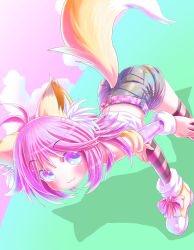 Rule 34 | 1girl, :3, animal ears, belt, bent over, blue eyes, boots, detached sleeves, fox ears, fox tail, highres, midriff, original, pink hair, renaoka, short hair, shorts, smile, solo, striped clothes, striped thighhighs, tail, thighhighs