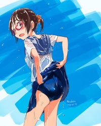 Rule 34 | 1girl, :o, blue skirt, brown eyes, brown hair, cowboy shot, dated, from behind, hair ornament, hair scrunchie, kusakabe (kusakabeworks), looking at viewer, looking back, one-piece swimsuit, original, pleated skirt, red-framed eyewear, school swimsuit, school uniform, scrunchie, serafuku, short hair, short ponytail, short sleeves, skirt, solo, swimsuit, twitter username, wet, wet clothes
