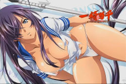 Rule 34 | 00s, 10s, 1girl, areola slip, blue eyes, breasts, character name, cleavage, copyright name, covered erect nipples, cowboy shot, downblouse, dutch angle, eyecatch, fingerless gloves, gloves, hair over one eye, holding, holding weapon, ikkitousen, ikkitousen xtreme xecutor, kan&#039;u unchou, large breasts, logo, long hair, looking at viewer, navel, nipple slip, nipples, no bra, no pants, official art, panties, parted bangs, parted lips, polearm, puffy nipples, purple hair, red gloves, rin-sin, school uniform, screencap, serafuku, shadow, shiny skin, shirt, short sleeves, sleeve cuffs, solo, spear, sweat, tan, thighs, torn clothes, torn panties, torn shirt, underwear, very long hair, weapon, white background, white panties