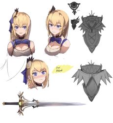 Rule 34 | 1girl, blonde hair, blue eyes, blush, breasts, cleavage, closed mouth, concept art, earrings, eruthika, hair ornament, jewelry, long hair, looking at viewer, medium breasts, multiple views, nose blush, original, parted lips, shield, smile, sword, weapon