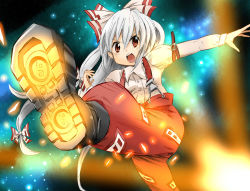 Rule 34 | 1girl, arm belt, boots, bow, eichi (0903275), female focus, fujiwara no mokou, hair bow, long hair, long sleeves, open mouth, puffy sleeves, red eyes, shoe soles, silver hair, solo, suspenders, touhou