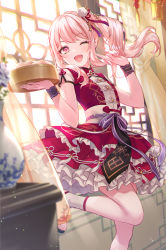 Rule 34 | 1girl, ;d, akiyama mizuki, bamboo steamer, blurry, blurry foreground, bow, chinese clothes, chinese knot, commentary, curtains, day, dim sum, dress, frilled dress, frills, hair ornament, hakunetsu! kamikou ouendan! (project sekai), hand up, highres, holding, iku2727, index finger raised, indoors, lattice, layered dress, long hair, looking at viewer, one eye closed, open mouth, pink eyes, pink hair, project sekai, purple bow, purple ribbon, red dress, ribbon, sash, short dress, short sleeves, side ponytail, smile, solo, standing, standing on one leg, toeless footwear, toggles, tsurime, waist bow, wavy hair, white footwear, window, wrist cuffs