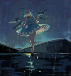 Rule 34 | 1girl, absurdres, black footwear, blue bow, blue eyes, blue hair, blue skirt, blue vest, bow, cirno, cloud, cloudy sky, commentary request, detached wings, full body, hair bow, highres, hill, ice, ice wings, lake, looking at viewer, neck ribbon, outdoors, rain, red ribbon, ribbon, shi chimi, shirt, shoes, short hair, skirt, sky, socks, solo, touhou, vest, white shirt, white socks, wings