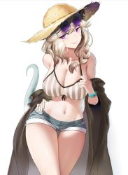Rule 34 | 1girl, absurdres, arknights, asymmetrical hair, bare legs, bikini, bikini top only, blue shorts, braid, breasts, chinese commentary, chong (547342983), cleavage, collarbone, covered erect nipples, cowboy shot, denim, denim shorts, eyewear on head, hair between eyes, hand on own hip, hat, highres, large breasts, light brown hair, lips, looking at viewer, medium hair, midriff, navel, off shoulder, official alternate costume, purple eyes, round eyewear, short shorts, shorts, side braid, simple background, smile, solo, straw hat, striped bikini, striped clothes, sunglasses, swimsuit, swimsuit cover-up, tail, thigh gap, thighs, tinted eyewear, utage (arknights), utage (summer flowers) (arknights), white background, wristband