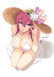 Rule 34 | 1girl, azur lane, bad perspective, bikini, breasts, collarbone, dated, flower, flower hat, from above, green eyes, hat, kneeling, large breasts, long hair, looking at viewer, red hair, signature, simple background, solo, straw hat, surcouf (azur lane), surcouf (loisirs balneaires) (azur lane), swimsuit, unel, white background, white bikini