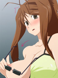 Rule 34 | 10s, 1girl, accidental exposure, antenna hair, blush, breast slip, breasts, brown eyes, brown hair, camisole, cleavage, covered erect nipples, dragon crisis!, glasses, large breasts, long hair, nanao eriko, nipples, no bra, one breast out, puffy nipples, shiny skin, simple background, solo, sweat, tsubooi, wardrobe malfunction