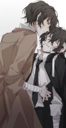 Rule 34 | 2boys, bandaged arm, bandaged head, bandaged neck, bandages, black necktie, brown eyes, brown hair, bungou stray dogs, chinese commentary, closed eyes, collared shirt, commentary request, dazai osamu (bungou stray dogs), dress shirt, formal, hair between eyes, highres, male focus, multiple boys, necktie, shirt, short hair, simple background, suit, waistcoat, white background, white shirt, ziyi zhengjun
